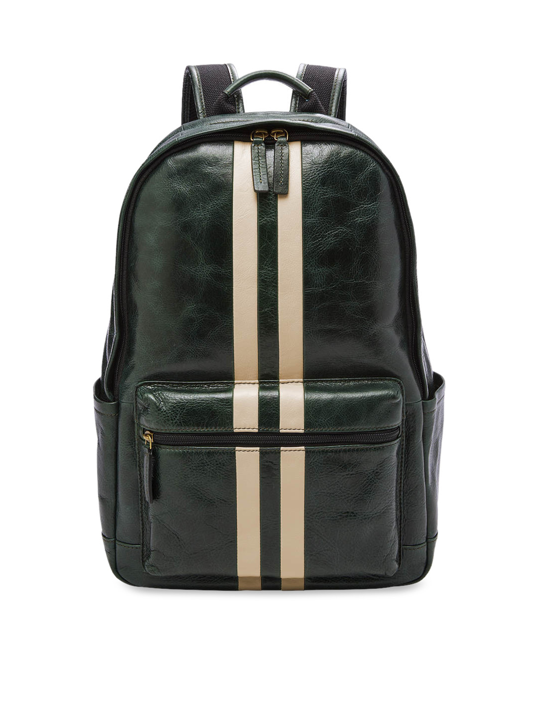 Buy Fossil Men Green & Beige Striped Leather Laptop Backpack