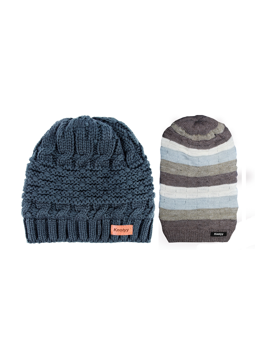 Buy Knotyy Men Pack Of 2 Blue & Brown Solid Beanies - Caps for Men ...