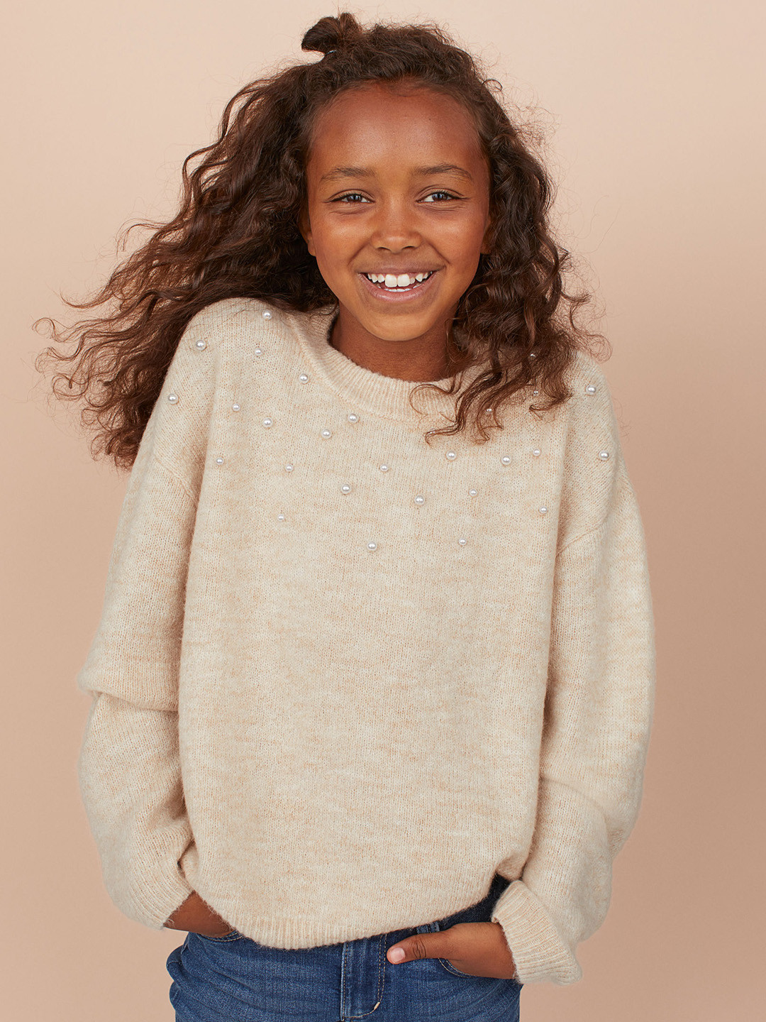 Buy H&M Girls Beige Solid Knitted Jumper Sweaters for Girls 10975136