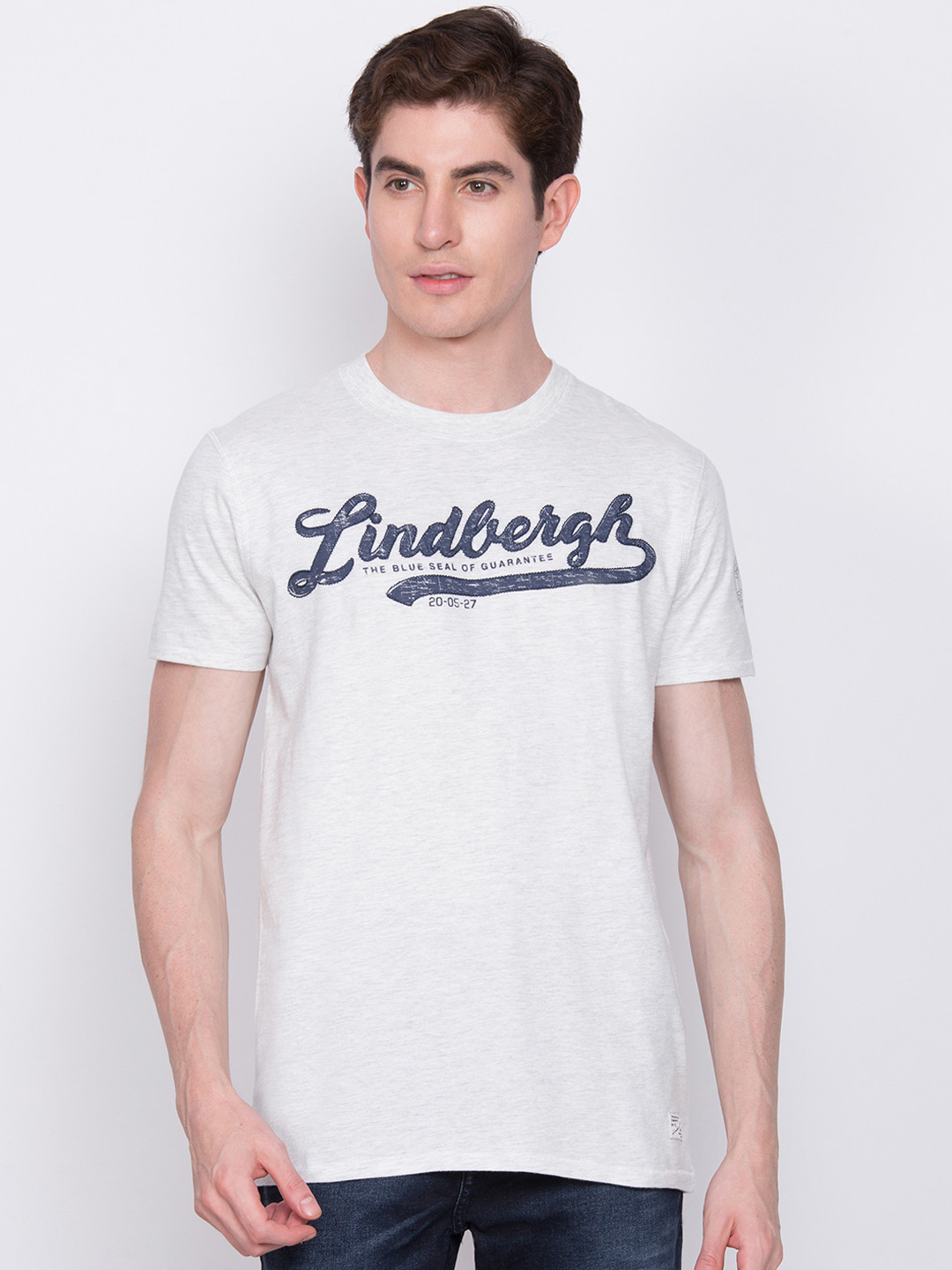 Buy LINDBERGH Men White Printed Slim Fit Round Neck T Shirt Tshirts
