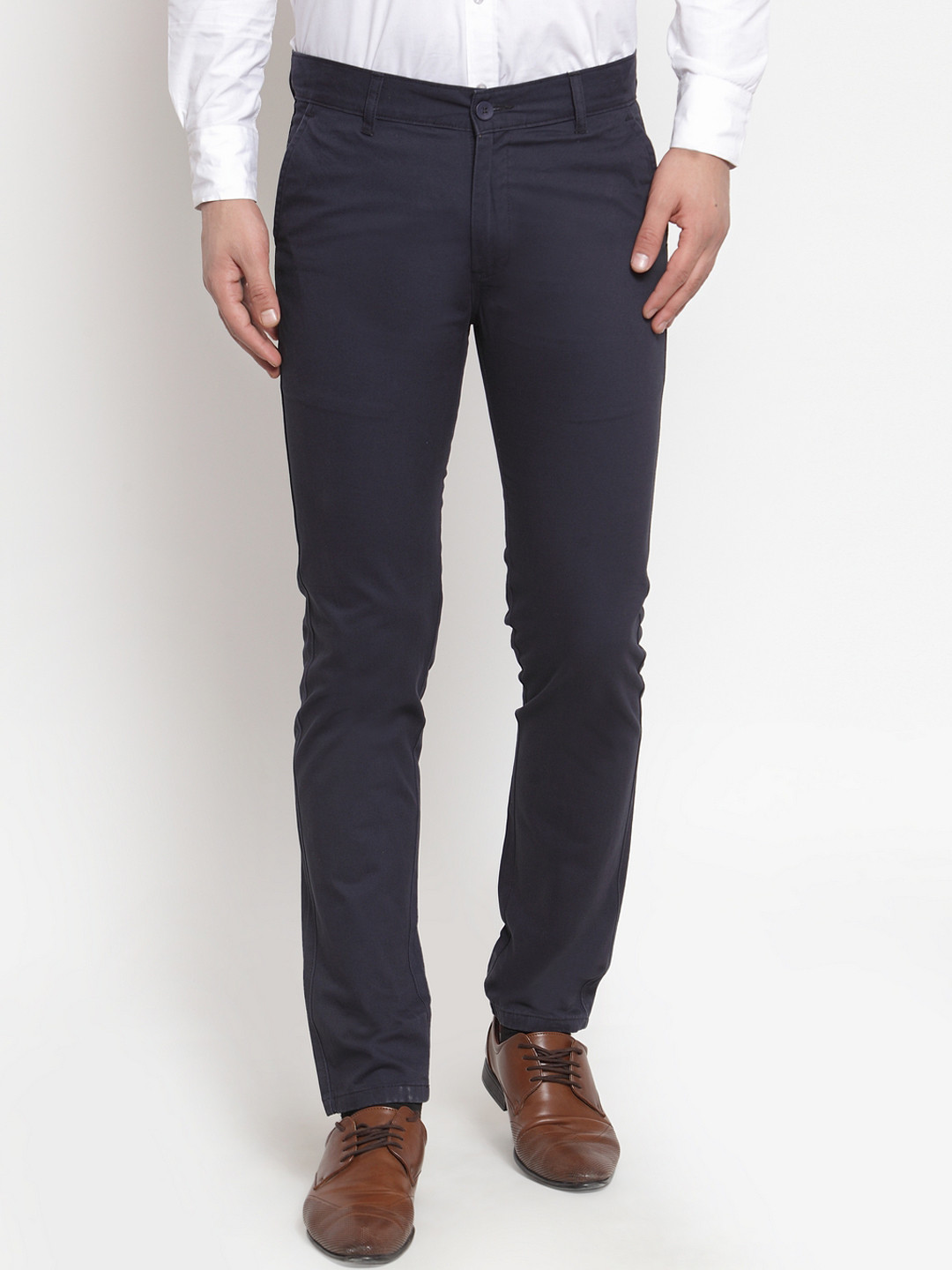 Buy Hancock Men Navy Blue Slim Fit Solid Formal Trousers - Trousers for ...