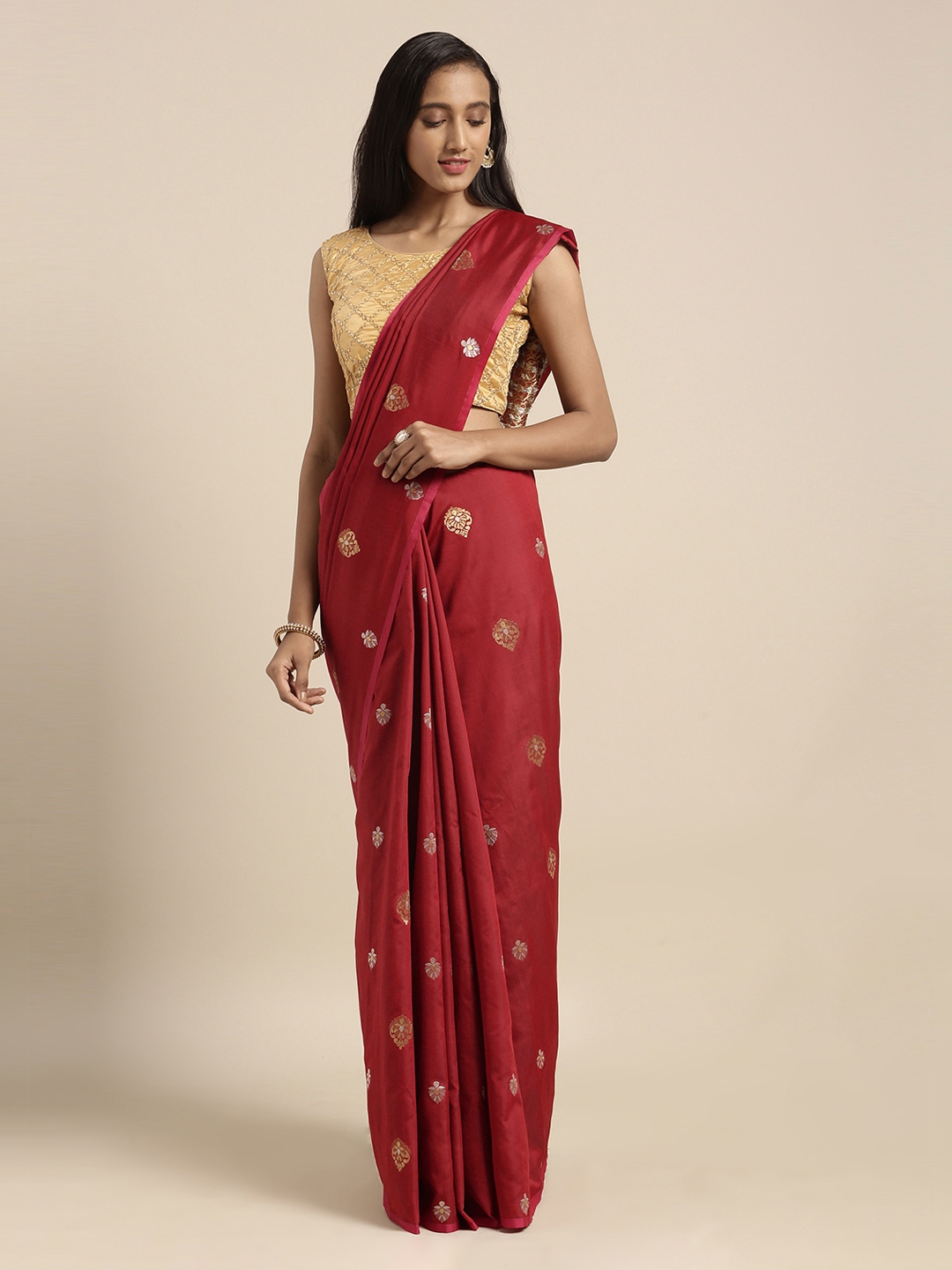 Buy Mitera Maroon Silk Blend Woven Design Kanjeevaram Saree - Sarees ...