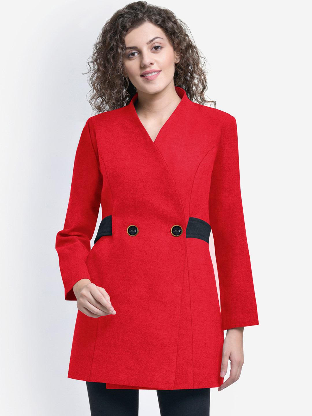Buy Martini Women Red & Black Solid Double Breasted Woollen Pea Coat
