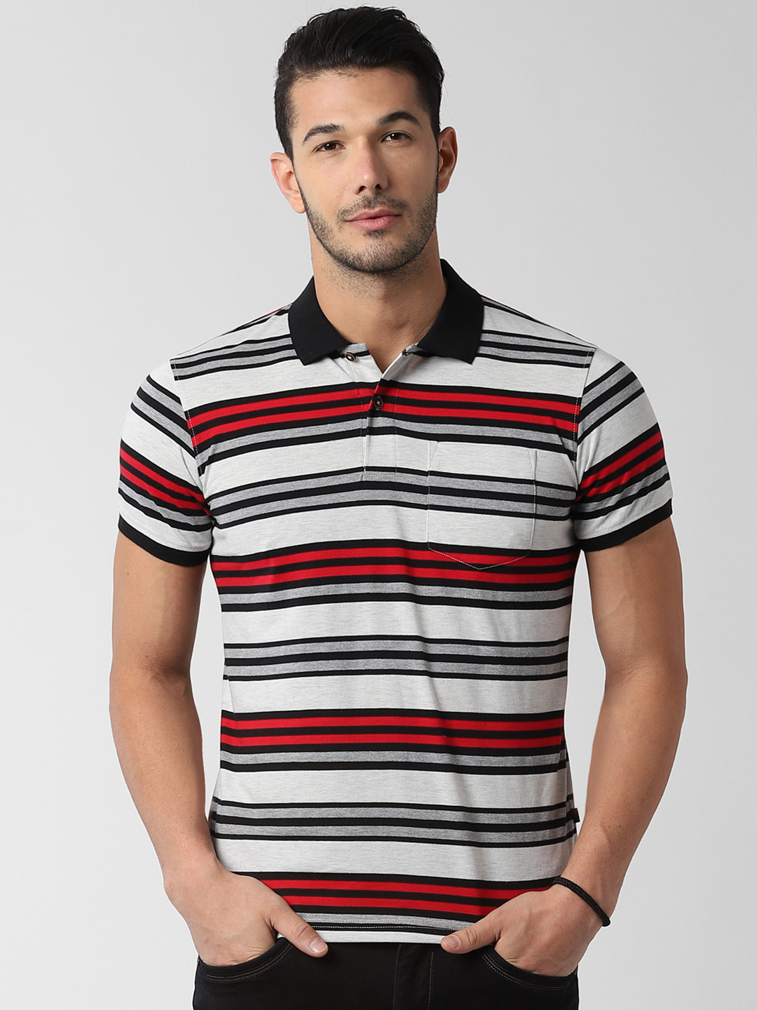 Buy Peter England Casuals Men Grey & Red Striped Polo Collar T Shirt