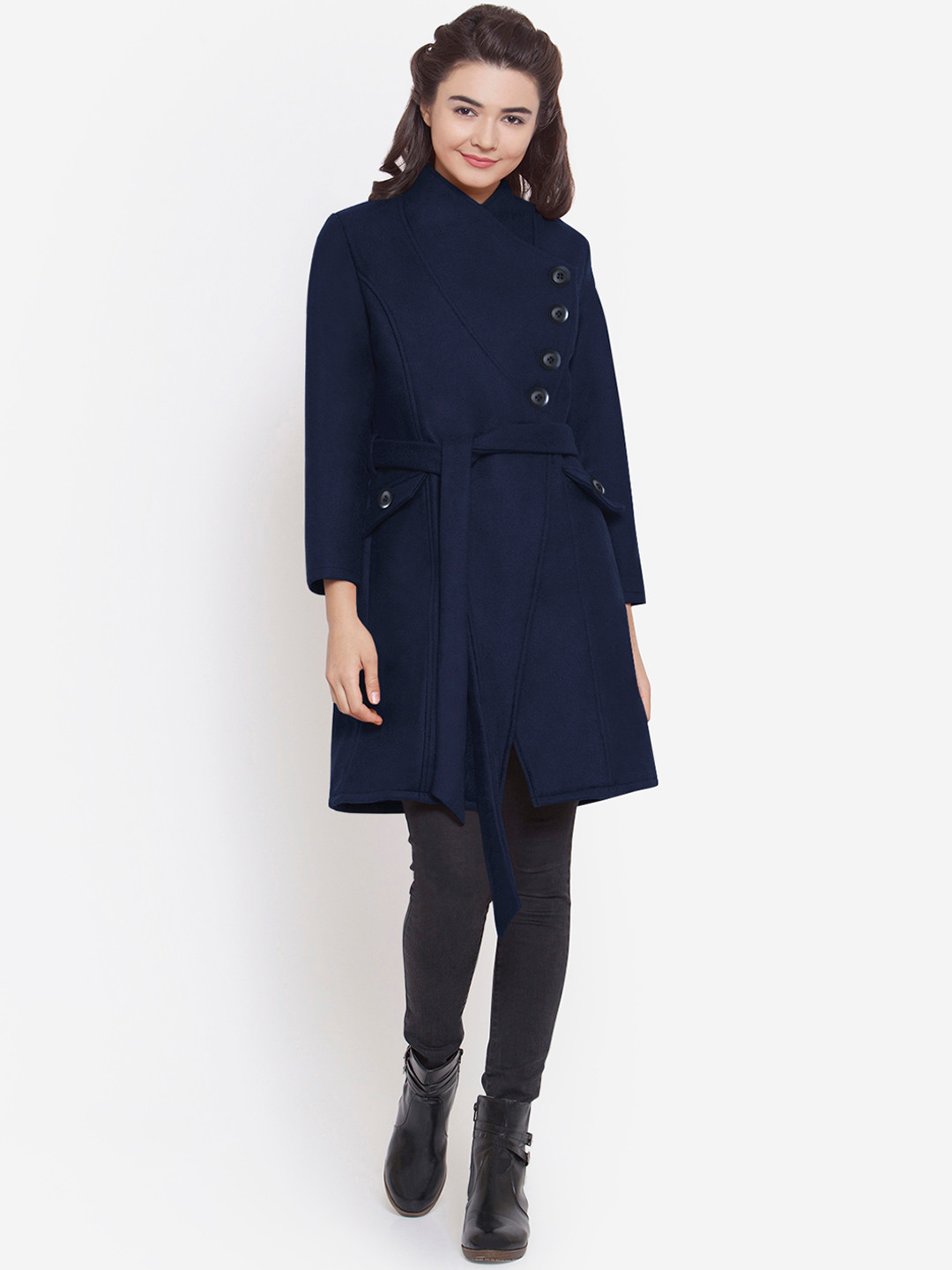 Buy Martini Women Navy Blue Solid Woolen Over Coat Coats for Women