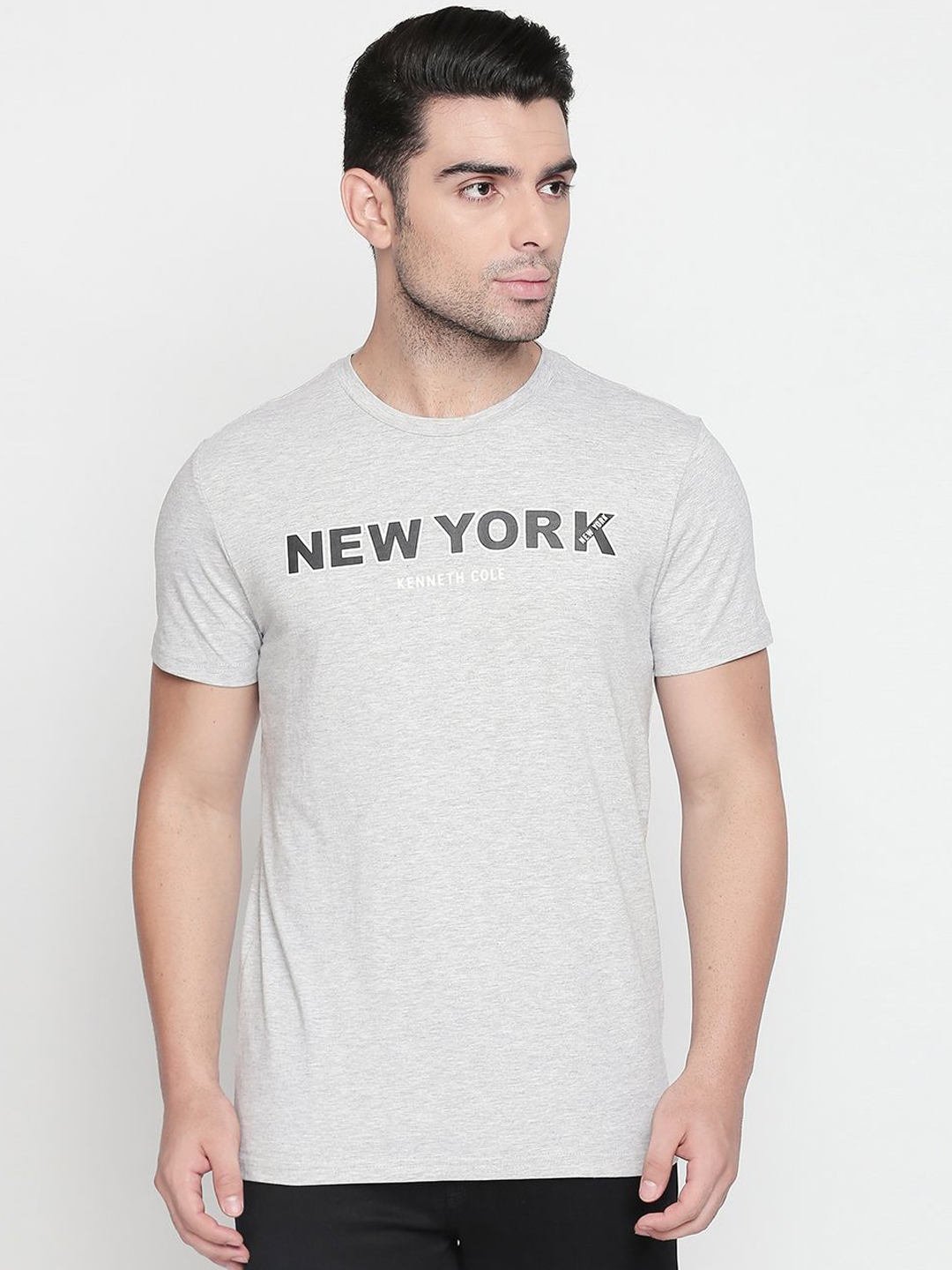 Buy Kenneth Cole Men Grey Printed Round Neck Pure Cotton T Shirt ...