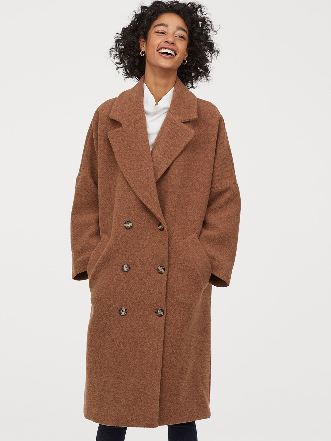 Buy H&M Women Camel Brown Double Breasted Wool Mix Sustainable Coat
