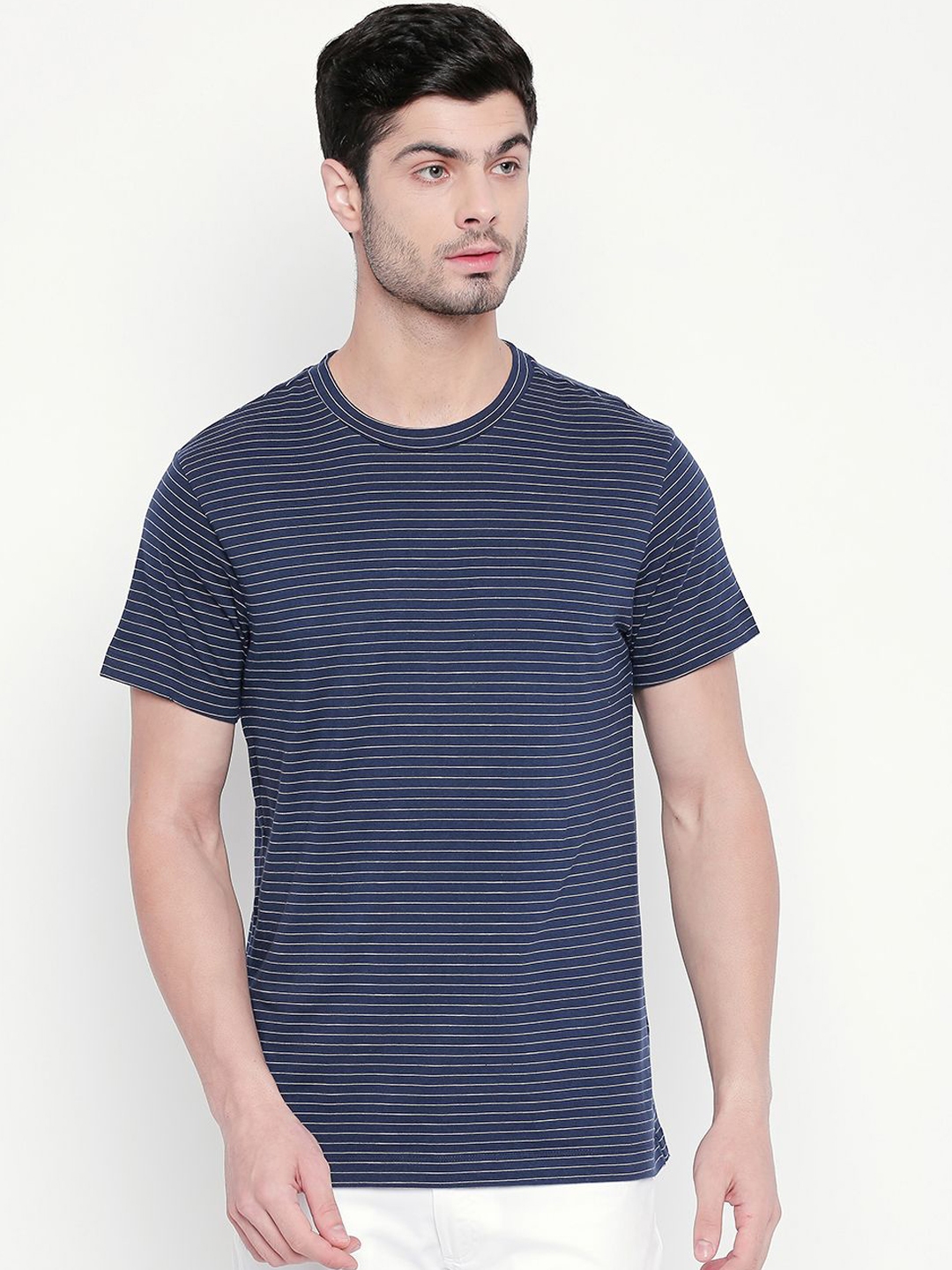 Buy Kenneth Cole Men Navy Blue Striped Round Neck Slim Fit T Shirt ... image.