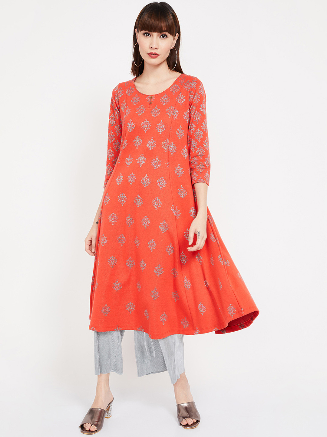 Women Orange Cotton Short Sleeve A-Line Kurta