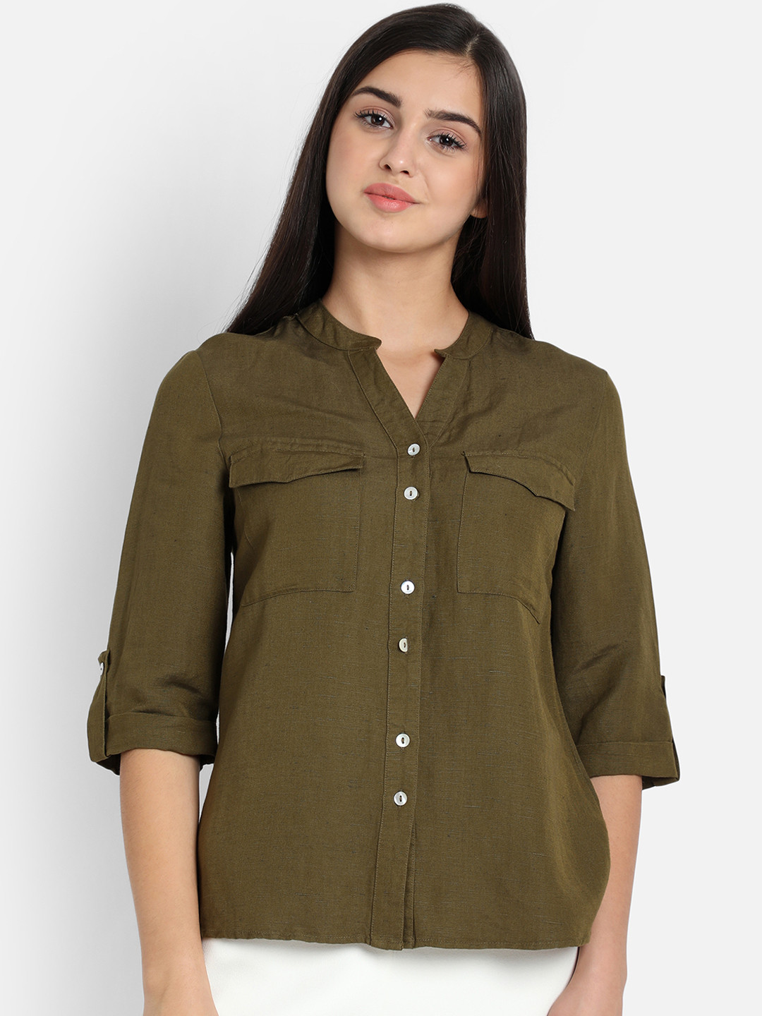 Buy COVER STORY Women Olive Green Regular Fit Solid Linen Casual Shirt