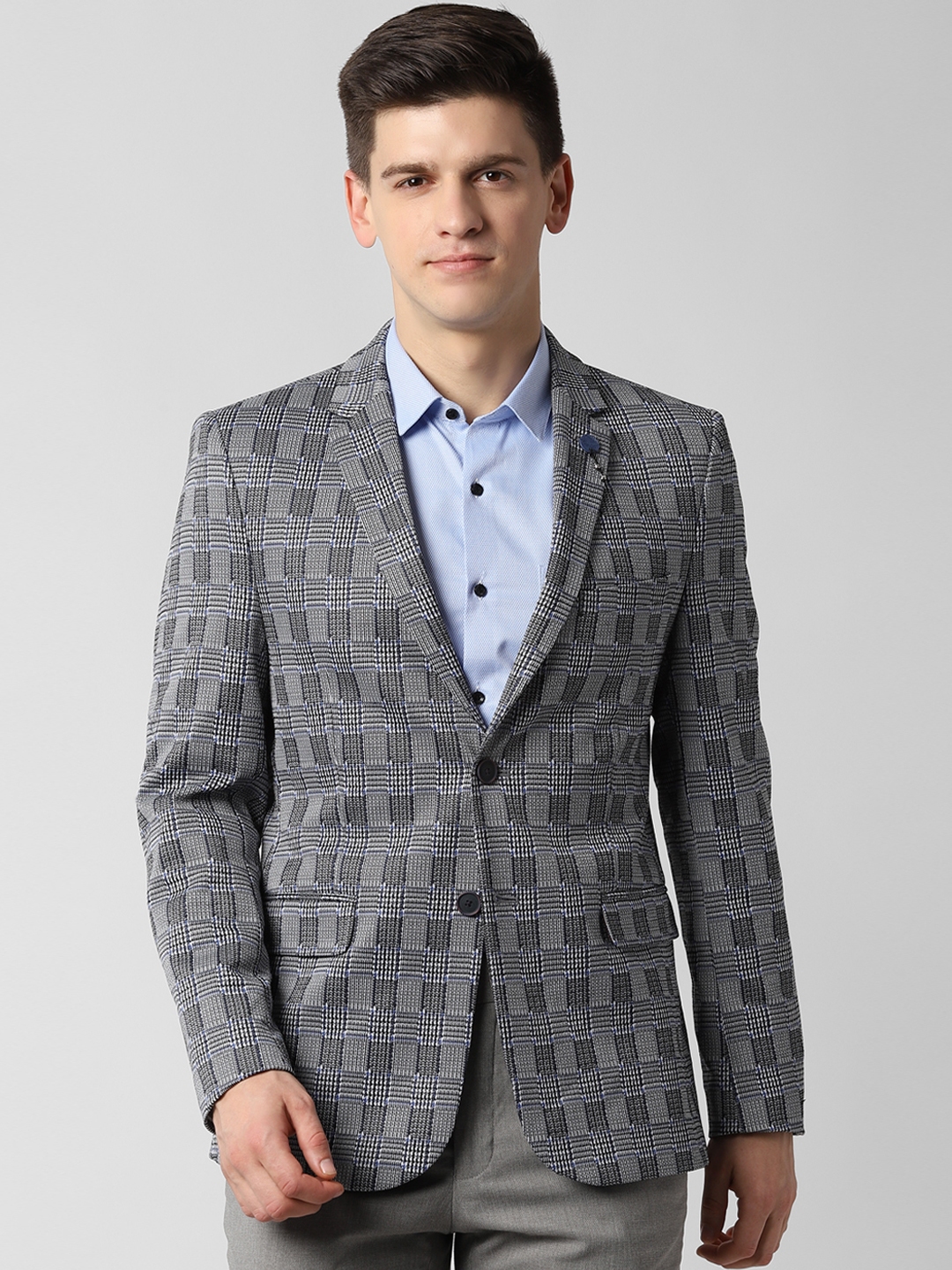 Buy Peter England Men Grey Checked Single Breasted Slim Fit Blazer ...