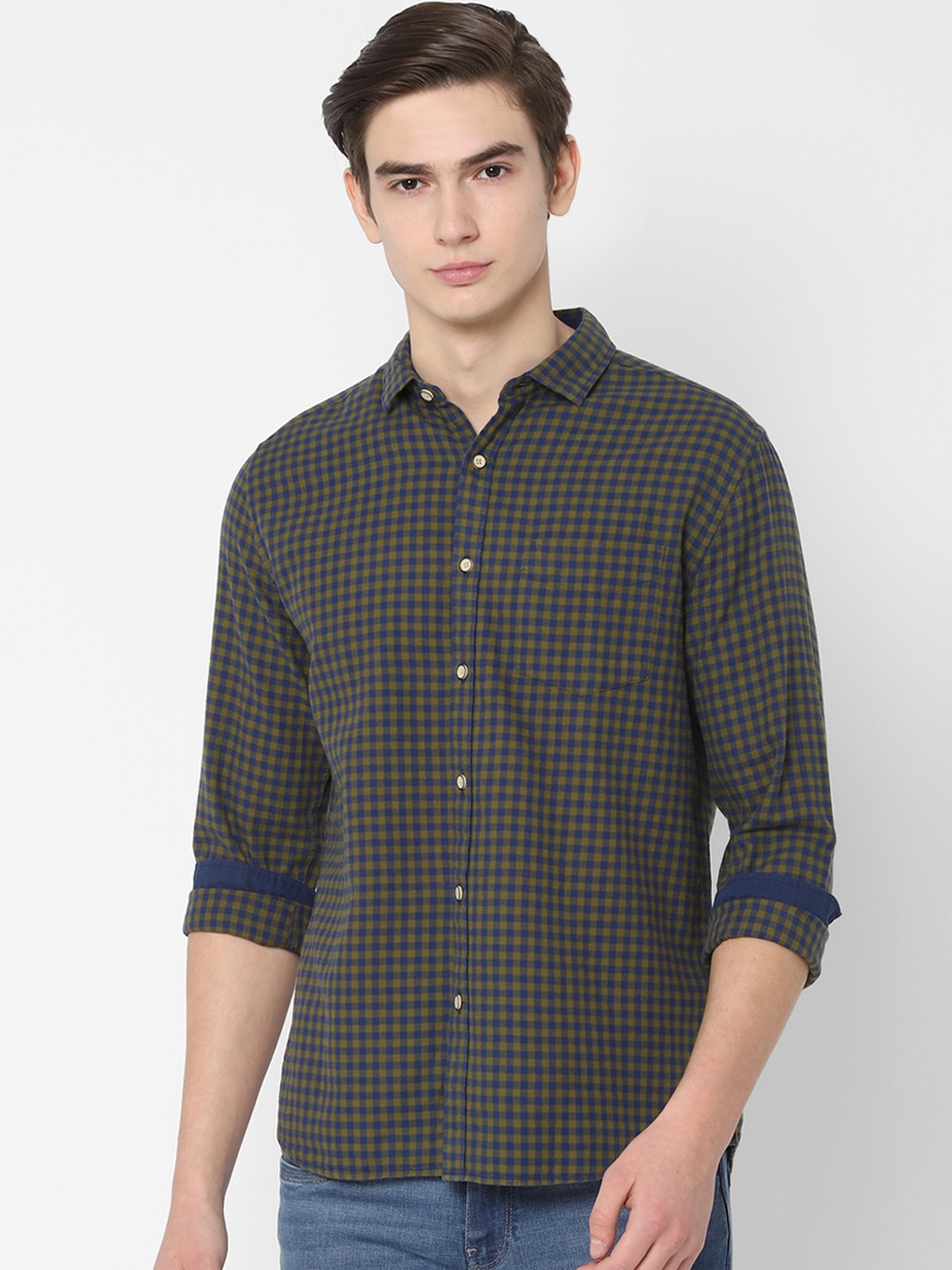 Buy People Men Olive Green & Blue Regular Fit Checked Casual Shirt ...