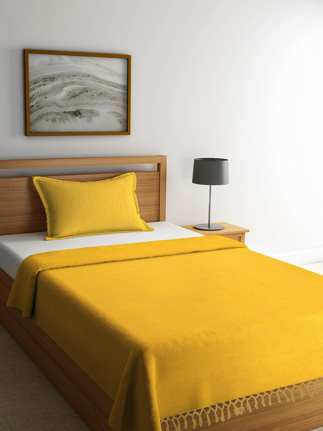 Buy NEUDIS Mustard Yellow Solid Single Bed Cover With Pillow Cover