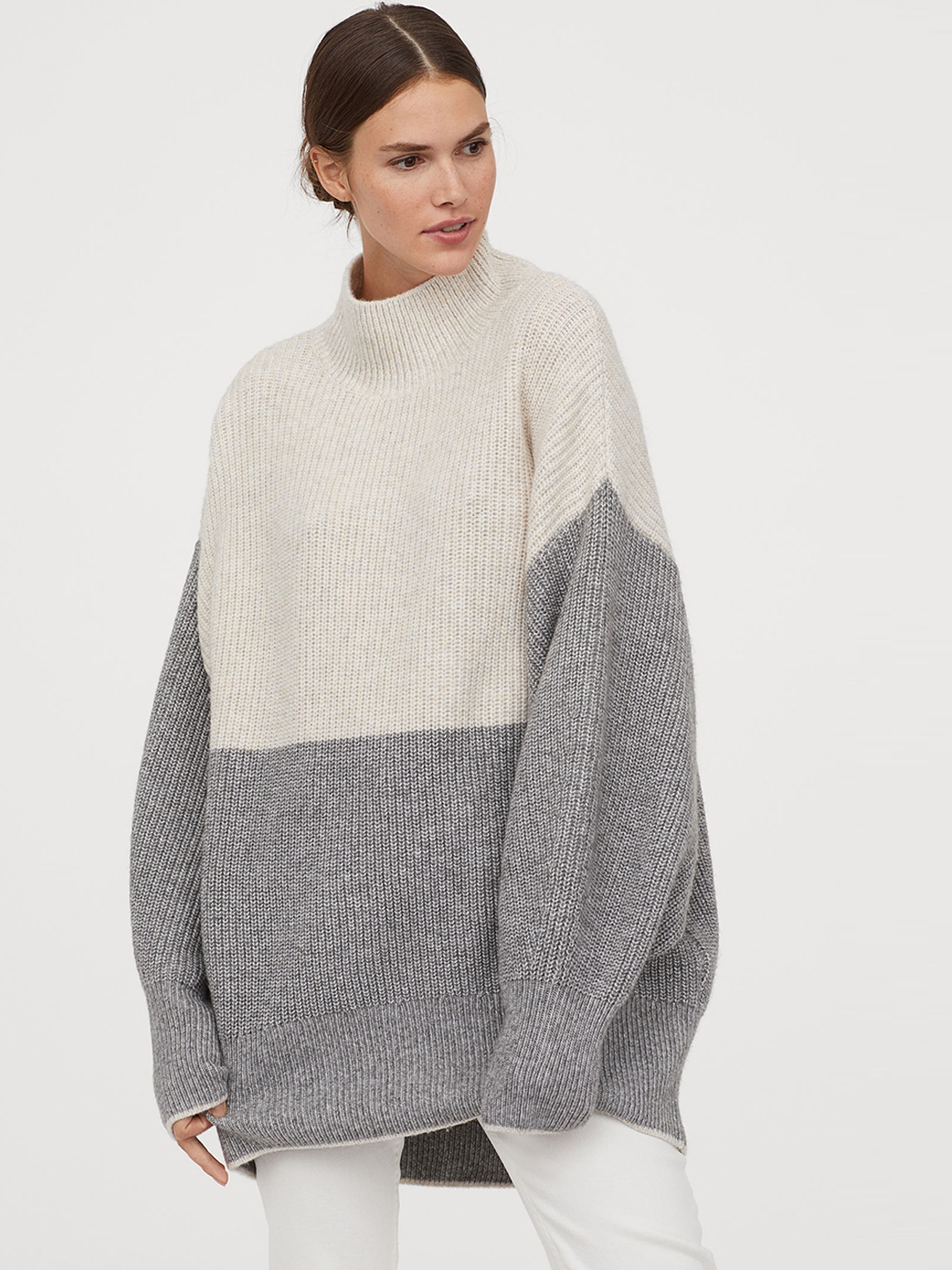 Buy H&M Women Beige & Grey Oversized Polo Neck Jumper - Sweaters for ...