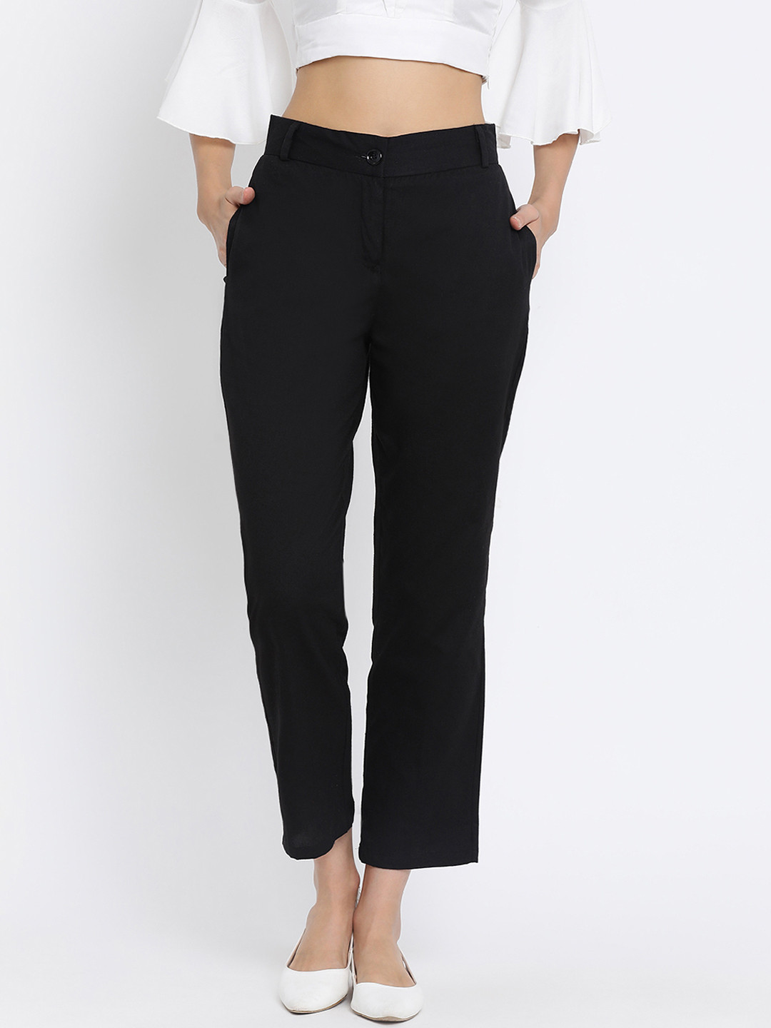 Buy Meee Women Black Solid Linen Cigarette Trousers - Trousers for Women 11008770 | Myntra