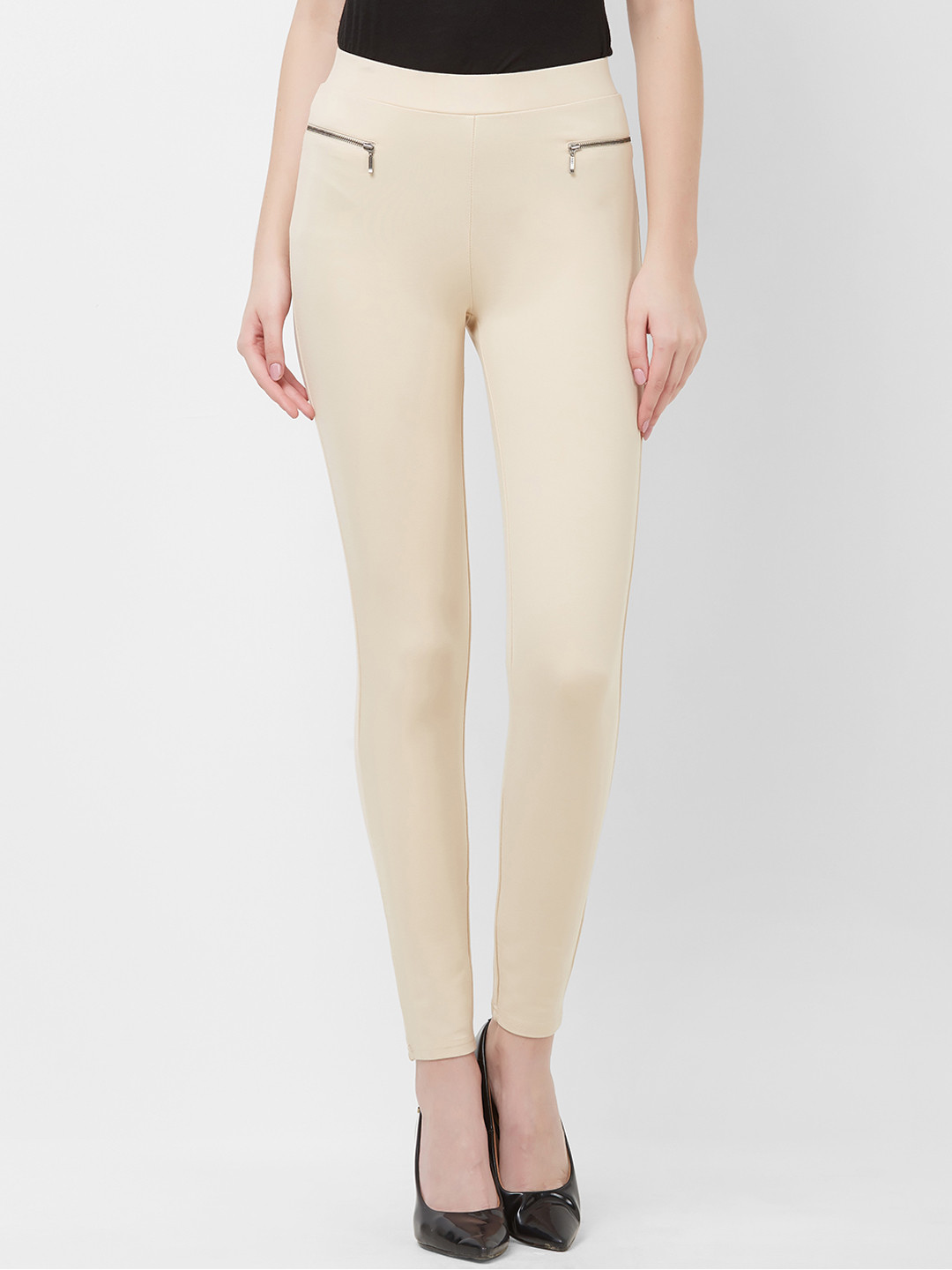 Buy 109F Women Cream Coloured Solid Skinny Fit High Rise Treggings Jeggings for Women 11009222