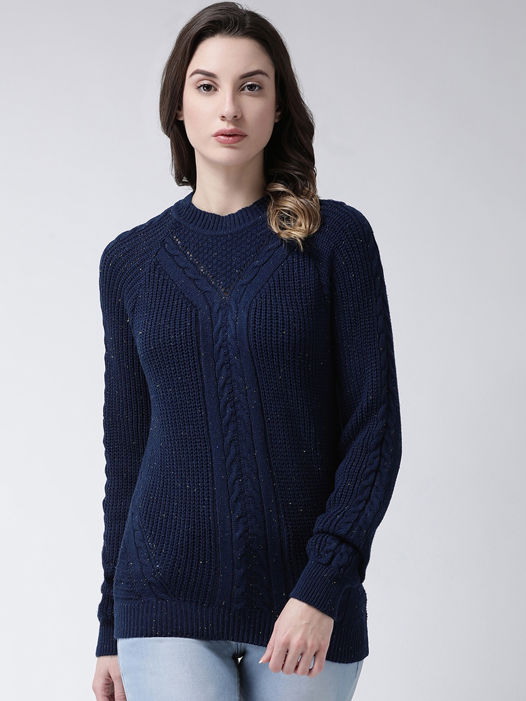 Buy Club York Women Navy Blue Cable Knit Speckled Pullover Sweater