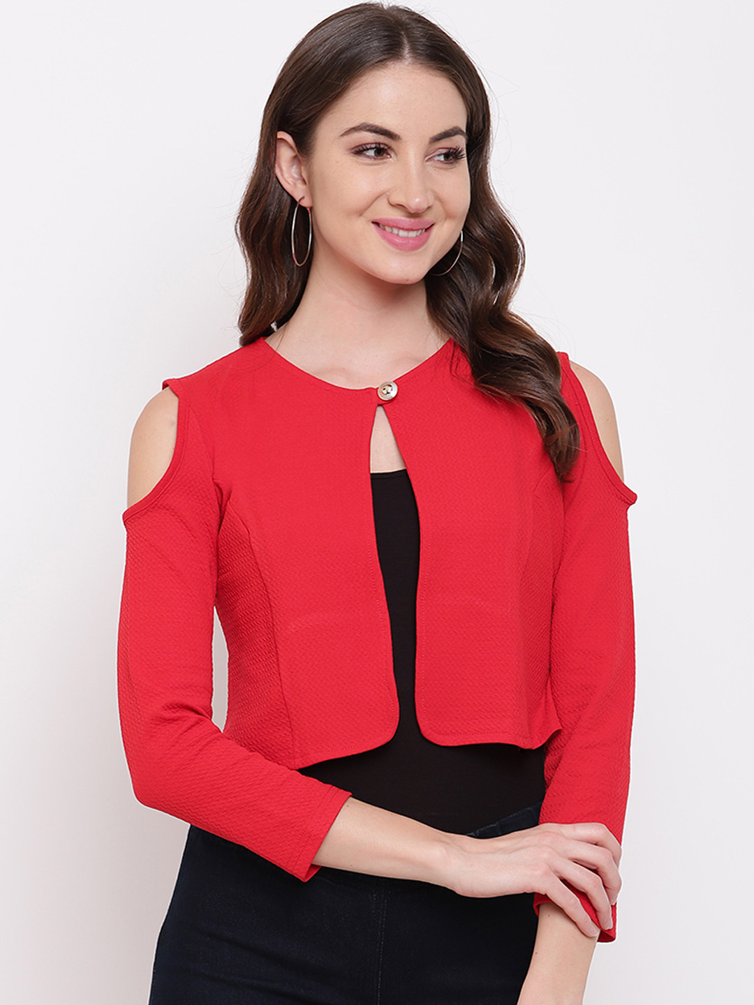 Buy Mayra Women Red Self Design Open Front Shrug Shrug for Women