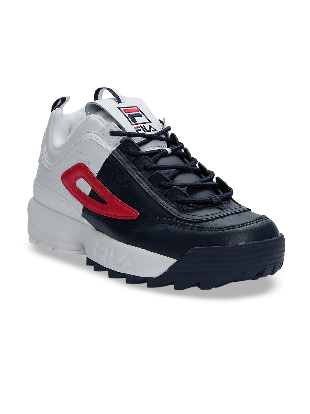 Buy FILA Men White &amp; Navy Blue Colourblocked DISRUPTOR II
