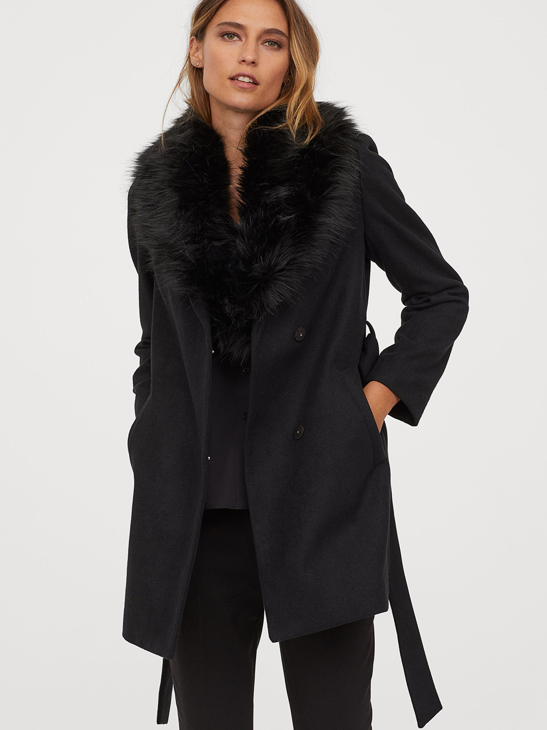 Buy H&M Women Black Coat With A Faux Fur Collar Coats for Women