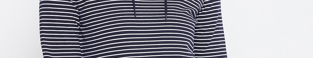 Buy JUMP USA Women Navy Blue & White Striped Hooded Sweatshirt