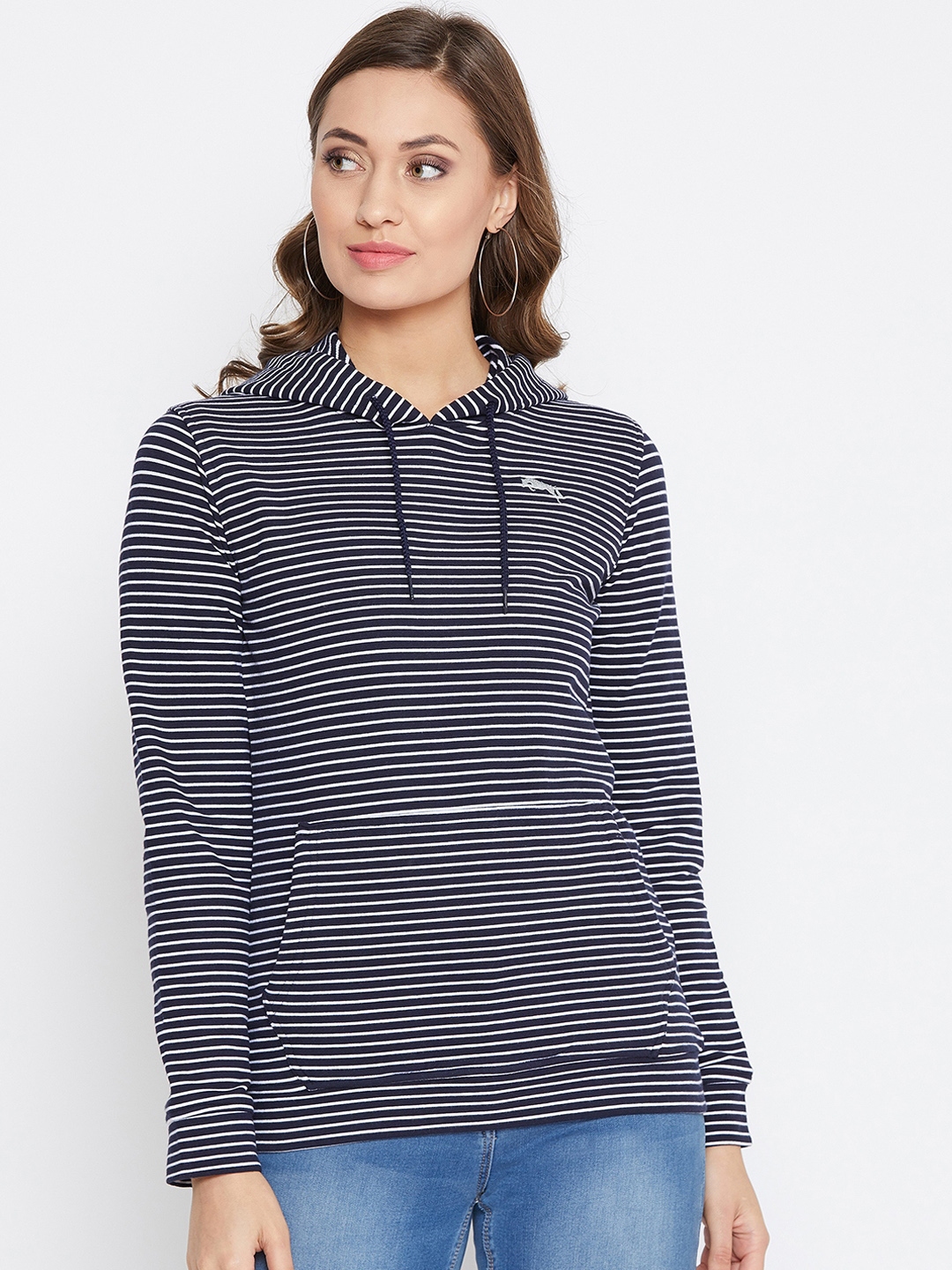 Buy JUMP USA Women Navy Blue & White Striped Hooded Sweatshirt