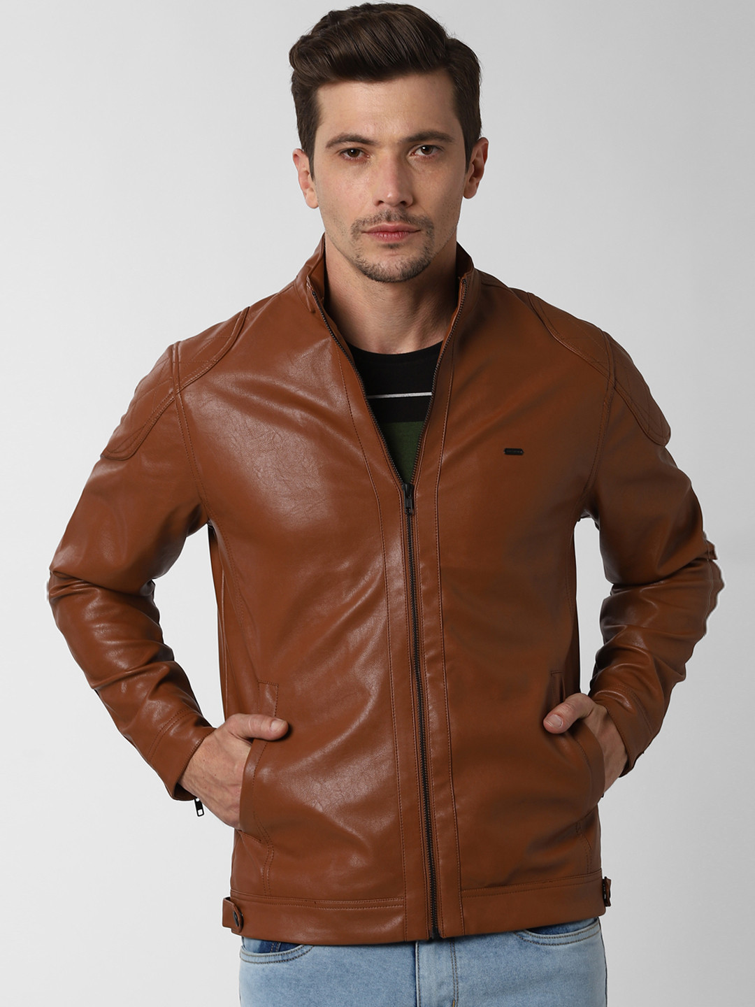 Buy Peter England Casuals Men Brown Solid Biker Jacket Jackets for