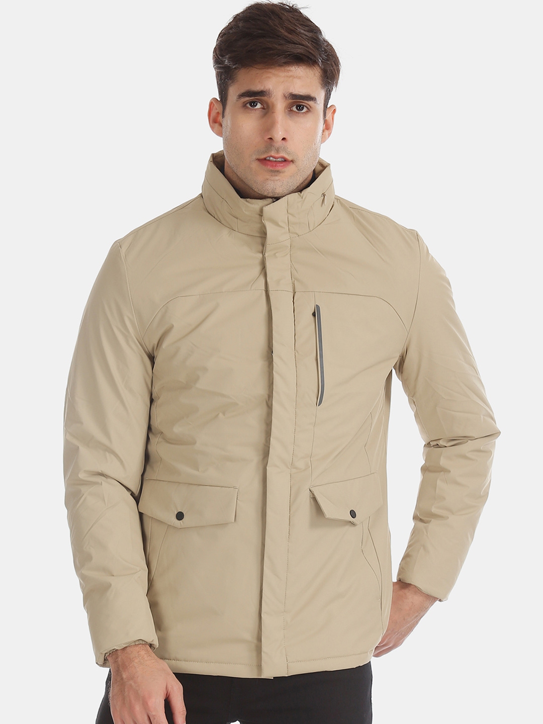 Buy Arrow Sport Men Beige Solid Concealed Hood Tailored Jacket ...