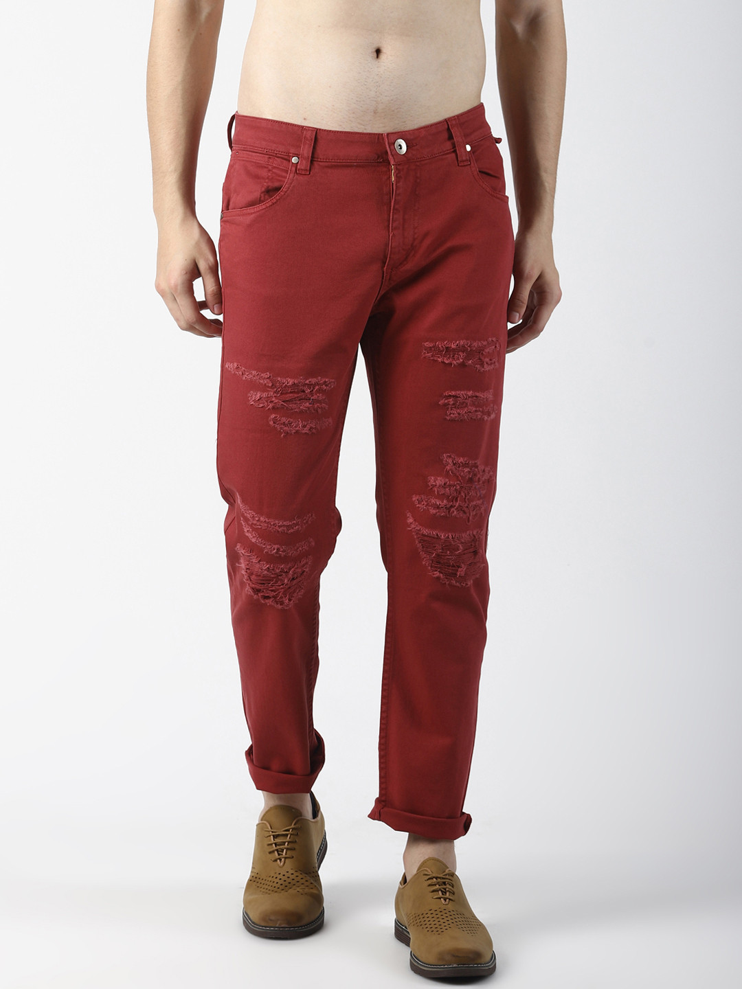 Buy SHELTR Men Rust Red Regular Fit Mid Rise Highly Distressed Jeans