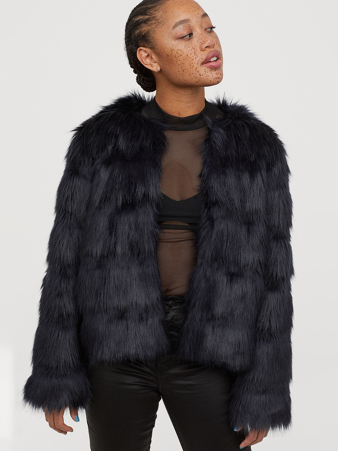 Buy H&M Women Black Solid Short Faux Fur Jacket Jackets for Women