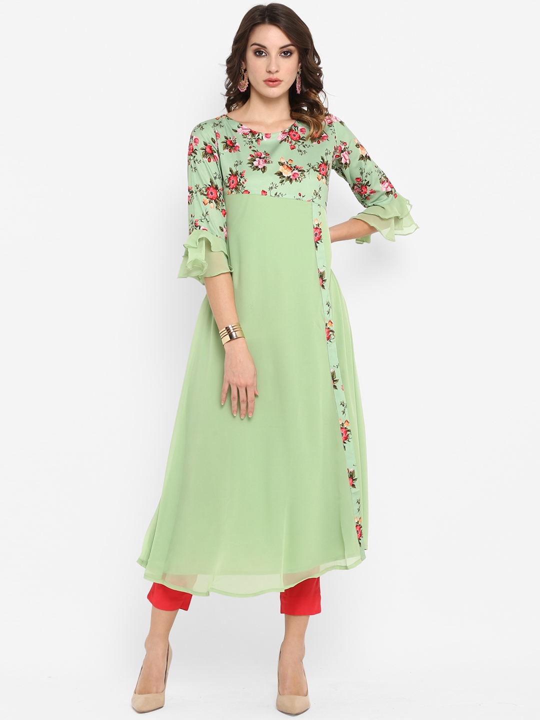 Buy Janasya Women Green & Pink Floral Printed A Line Kurta - Kurtas for ...