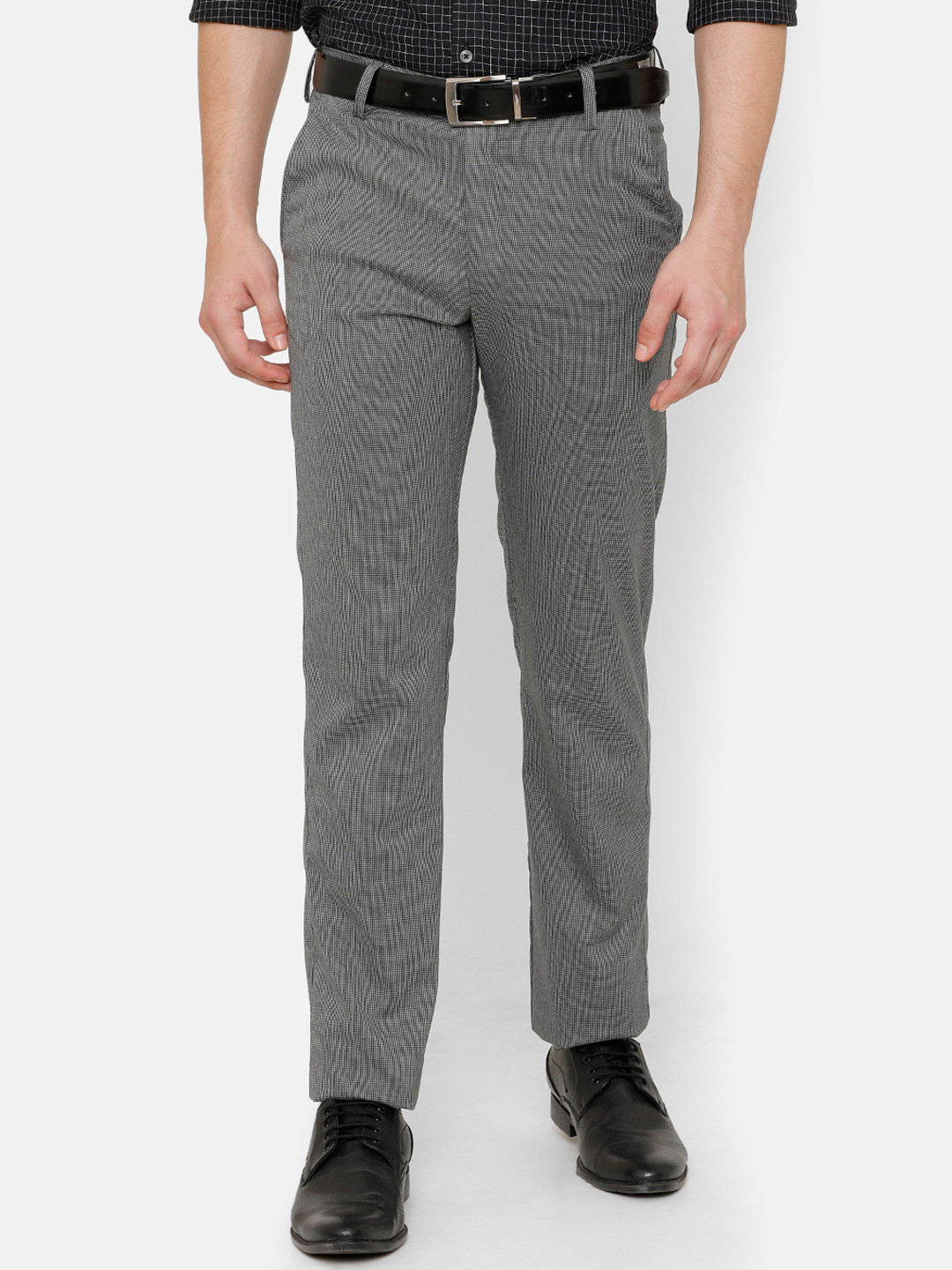 Buy Double Two Men Grey Comfort Regular Fit Self Design Formal Trousers ...