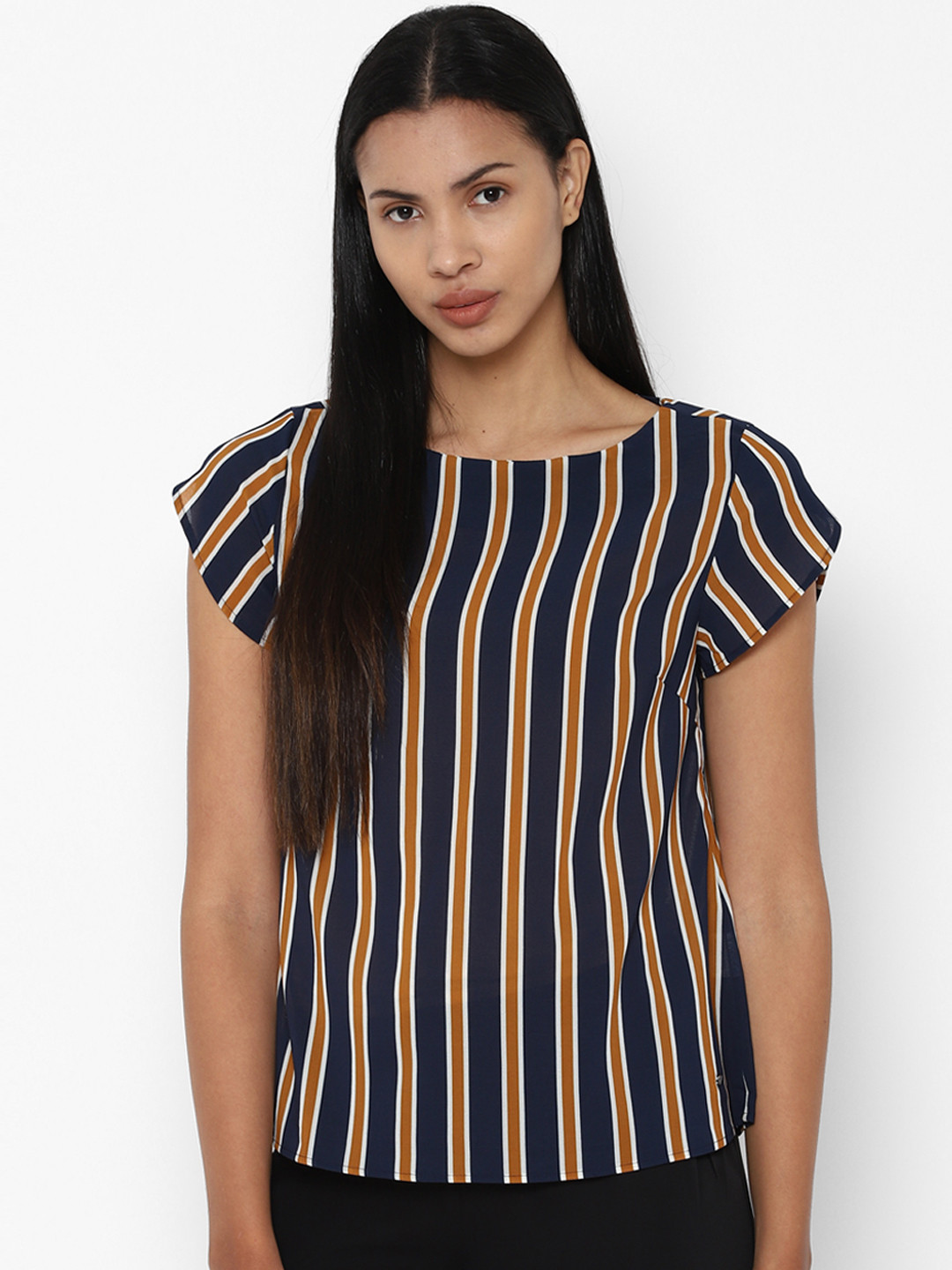 Buy Allen Solly Woman Navy Blue & Mustard Brown Striped Top Tops for