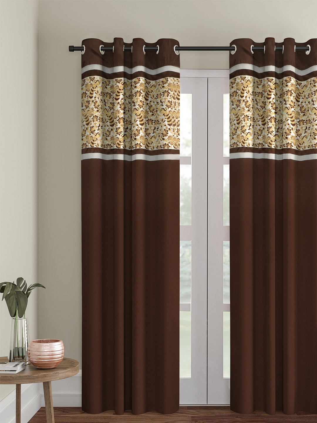 Buy Eyda Brown & Gold Toned Single Room Darkening Long Door Curtain
