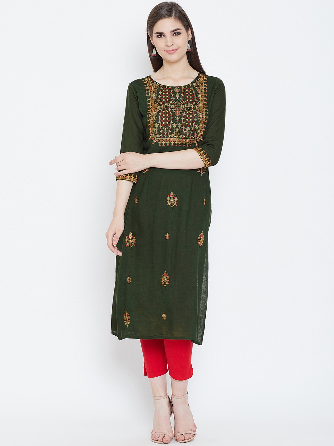 Buy Prakhya Women Olive Green Embroidered Straight Kurta - Kurtas for ...