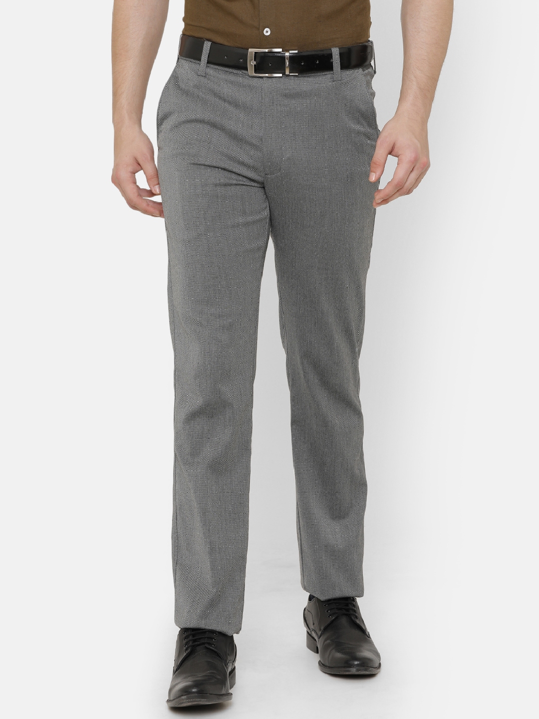 Buy Double Two Men Grey Melange Comfort Regular Fit Self Design Formal ...
