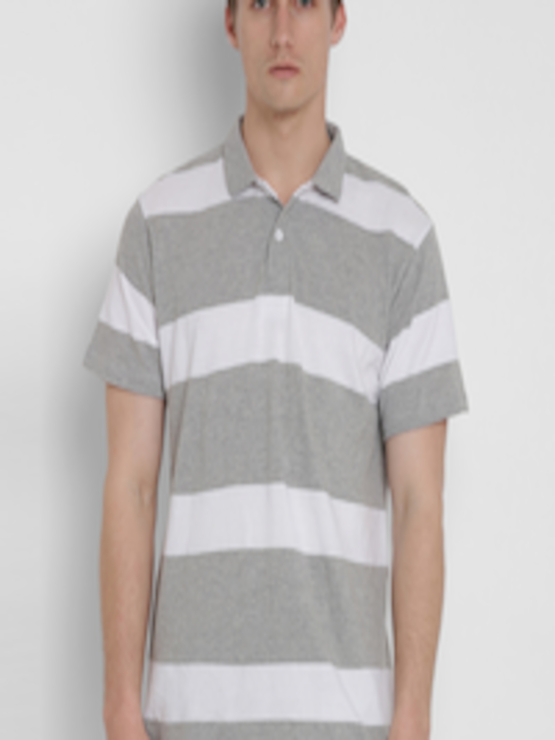 Buy Dais Men White Grey Striped Polo Collar Pure Cotton T Shirt ...