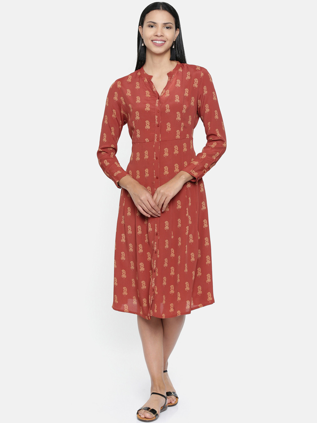 Buy Chumbak Women Rust Printed Fit And Flare Dress Dresses for Women