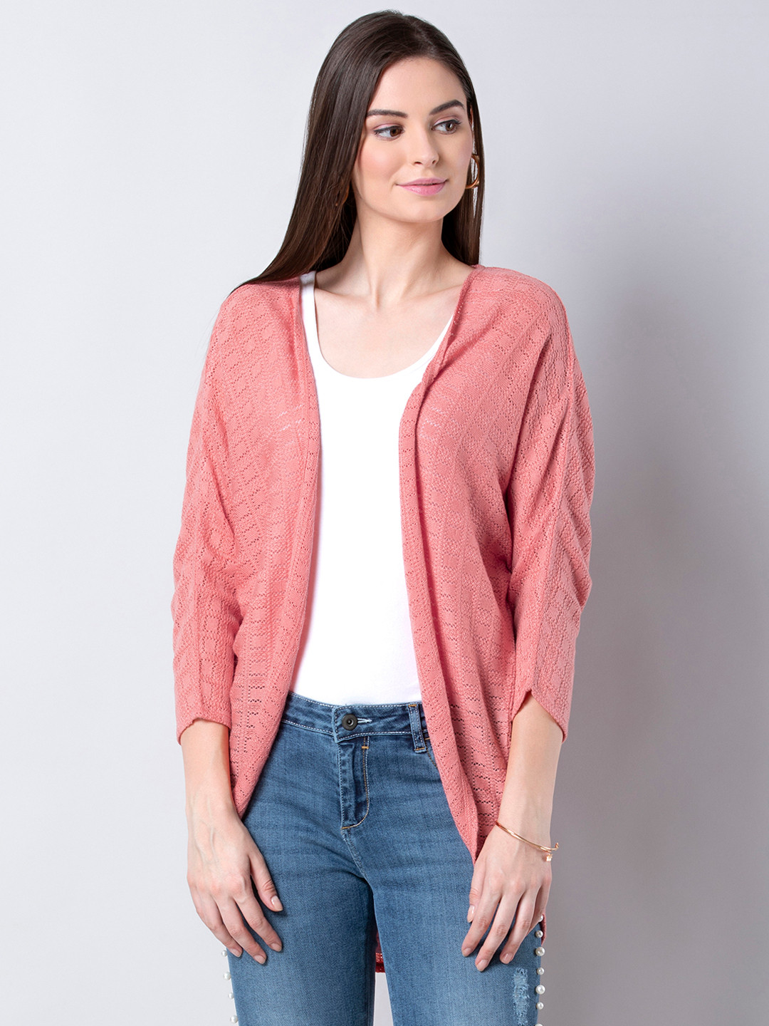 Buy FabAlley Women Pink Solid Open Front Sweater Shrug Shrug for