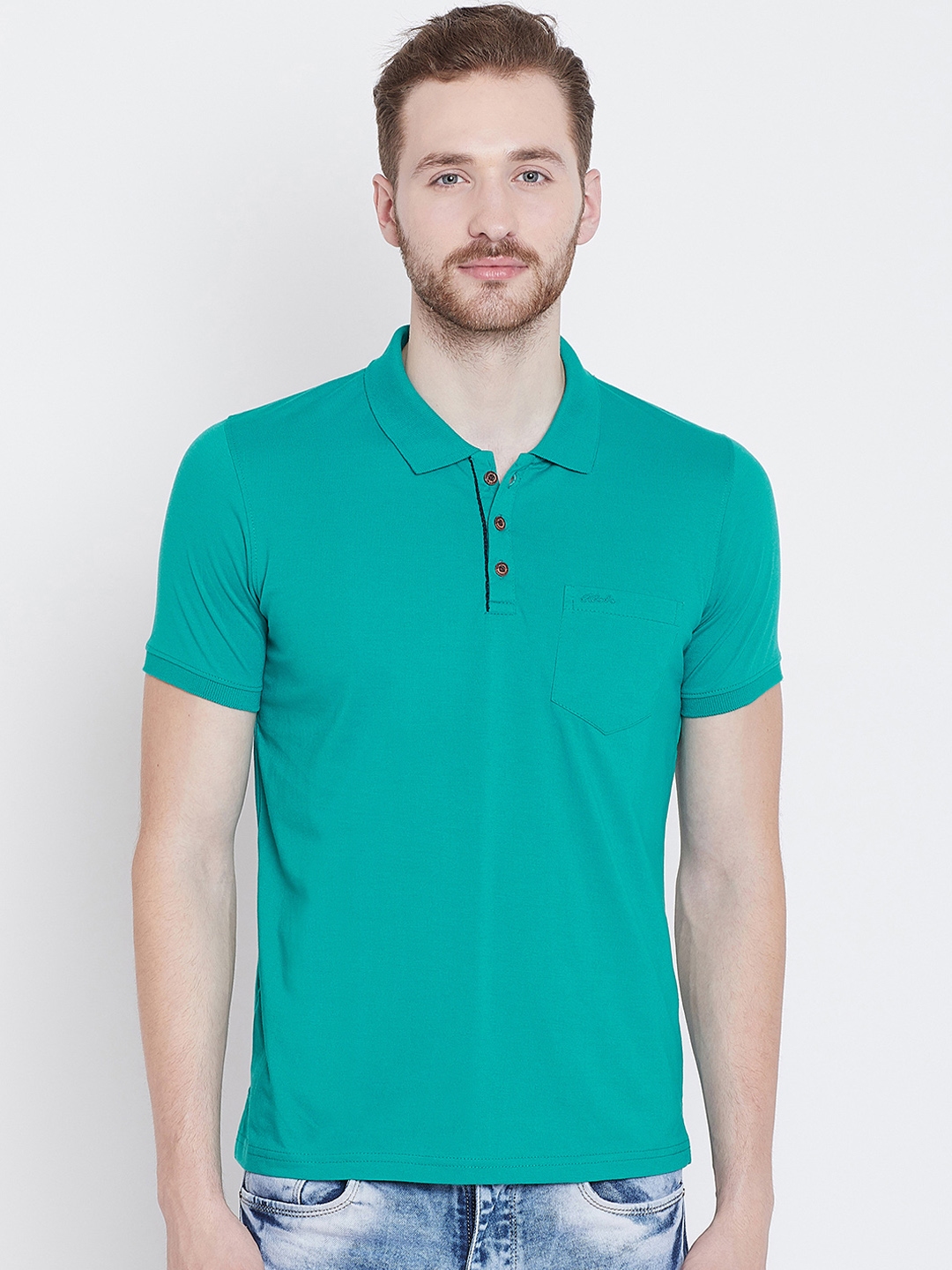 Buy Adobe Men Turquoise Blue Solid Polo Collar T Shirt - Tshirts for ...