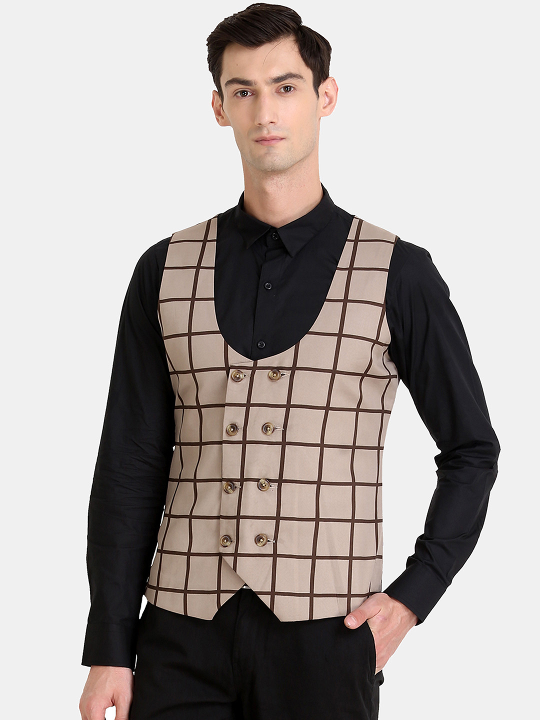Buy Raas Men Beige Checked Woven Slim Fit Waistcoat Waistcoat for Men