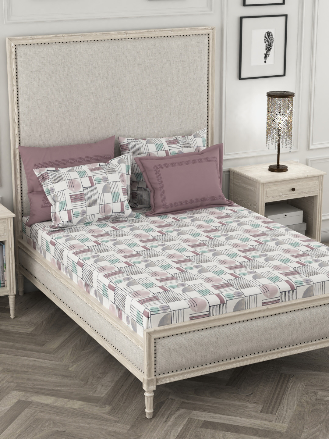 Buy MYTRIDENT Multicoloured Abstract 300 TC Cotton 1 King Bedsheet With 4 Pillow Covers