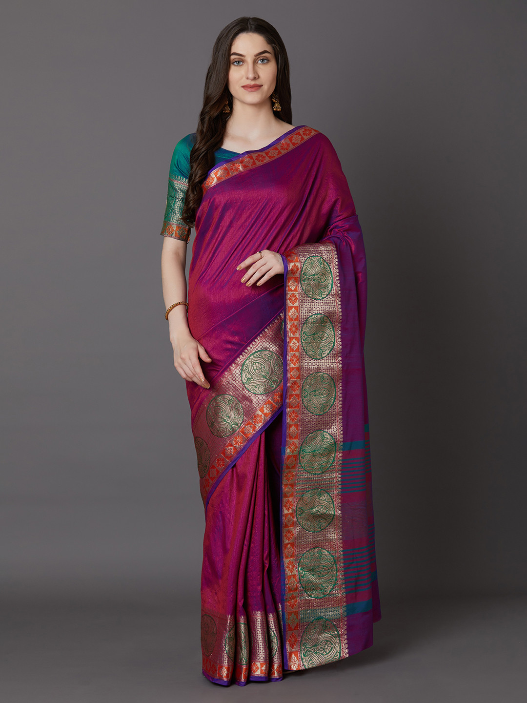 Magenta & Golden Woven Design Silk Blend Banarasi Saree