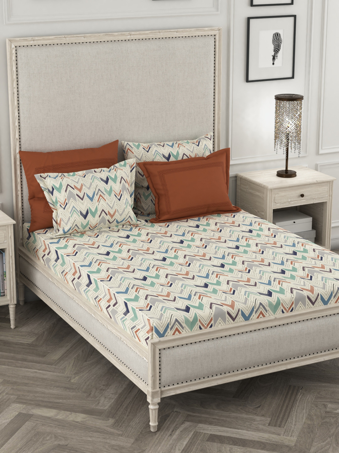 Buy MYTRIDENT Multicoloured Geometric 300 TC Cotton 1 King Bedsheet With 4 Pillow Covers