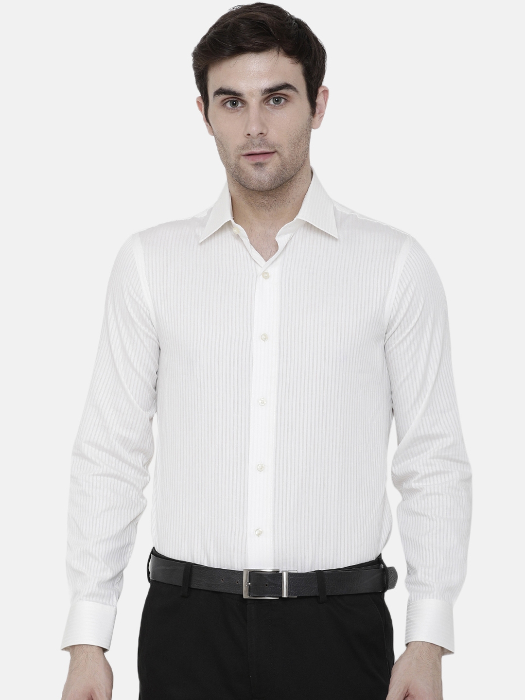 Buy Double Two Men Cream Coloured Regular Fit Self Design Formal Shirt ...