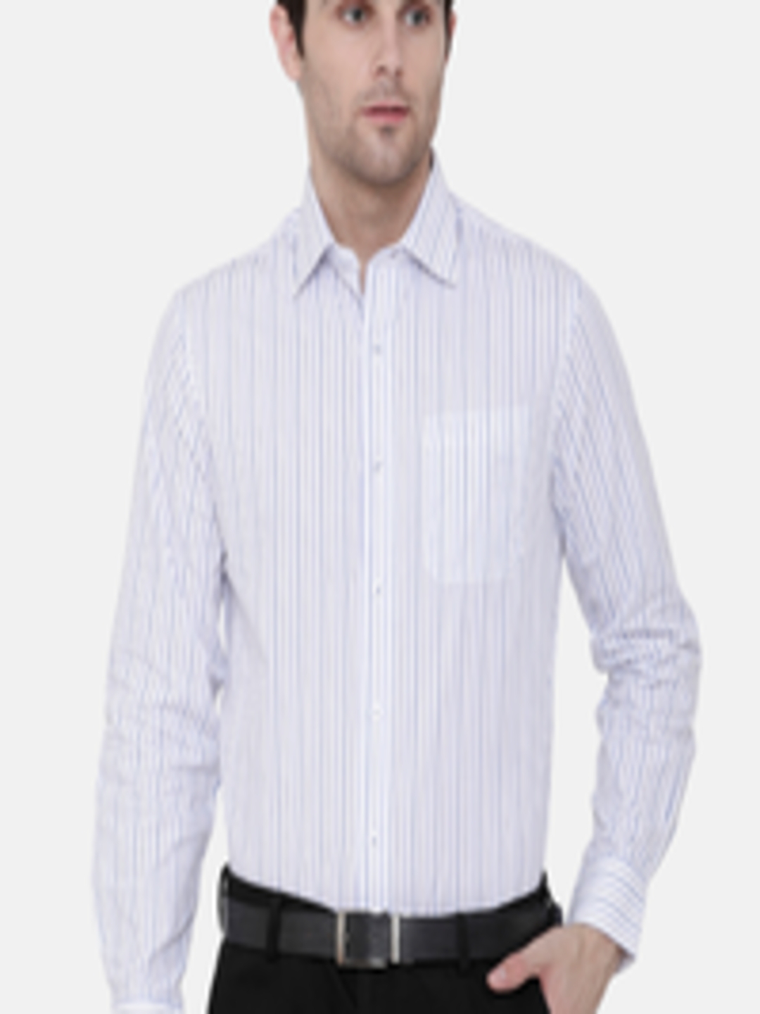 Buy Double Two Men White & Blue Slim Fit Striped Semiformal Shirt ...