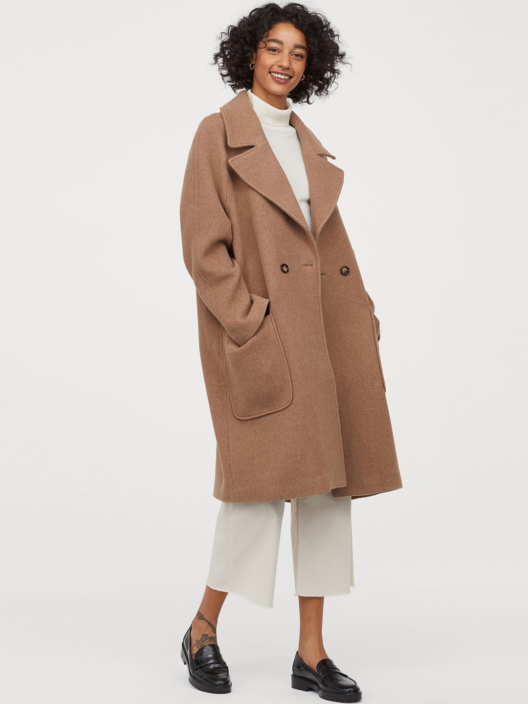 Buy H&M Women Beige Solid Wool Blend Coat Coats for Women 10914408