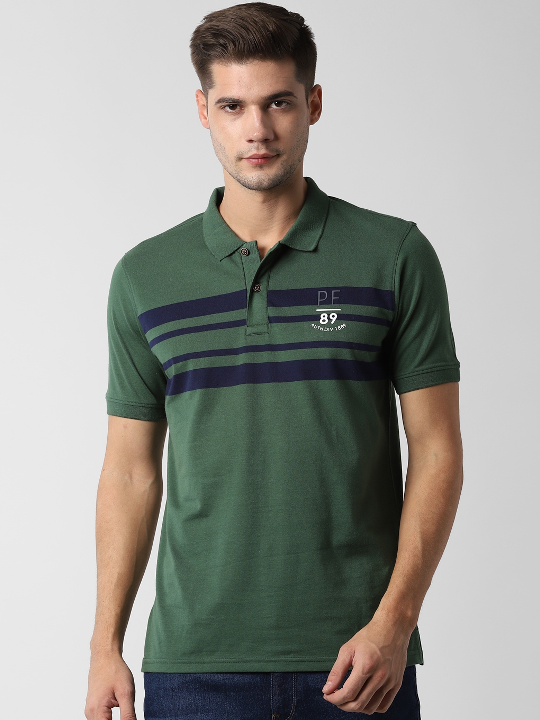 Buy Peter England Casuals Men Green Striped Polo Collar Slim Fit T ...
