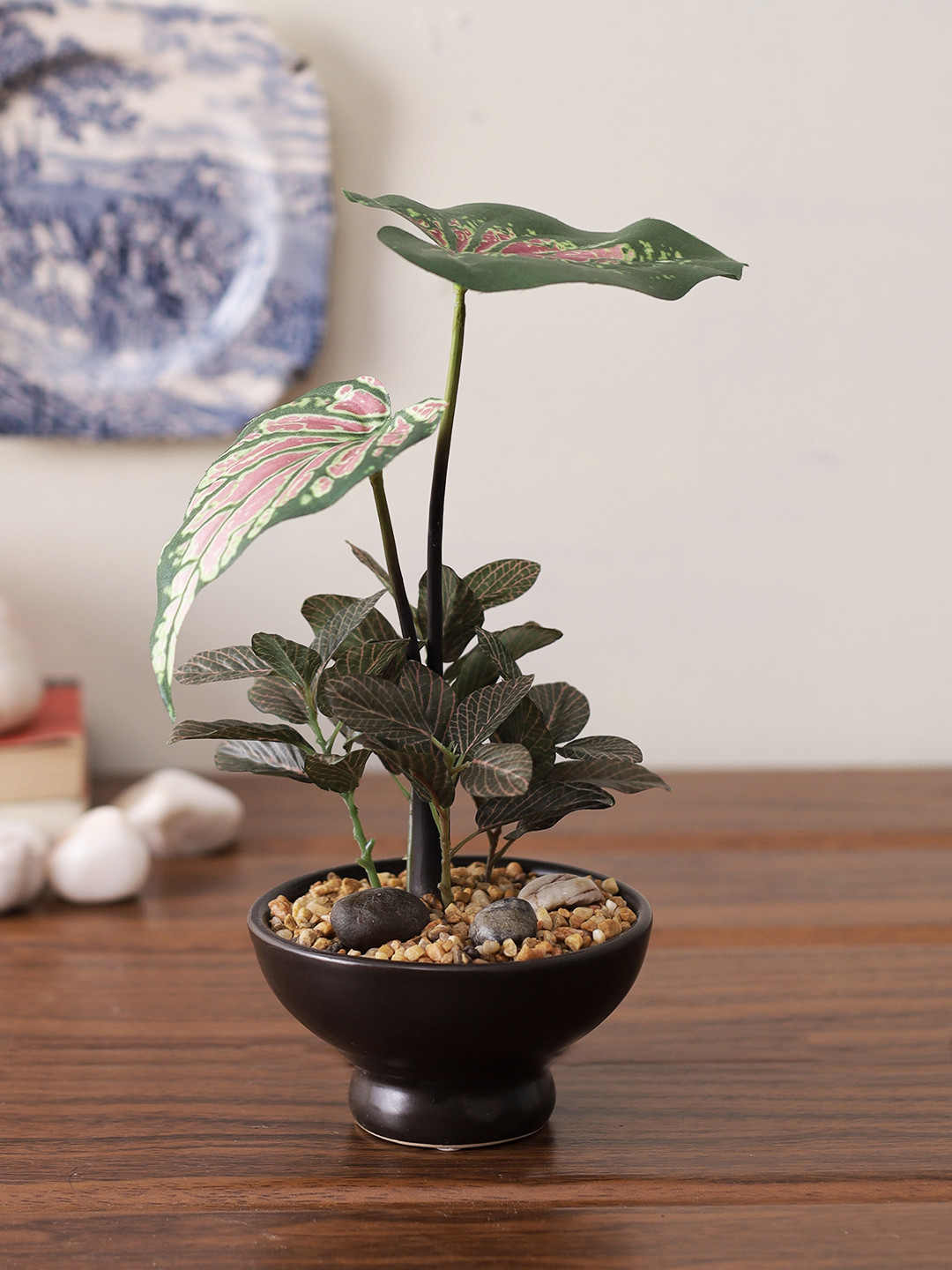 Buy TAYHAA Green & Brown Artificial Alocasia Zebra Plants In Pebble Pot