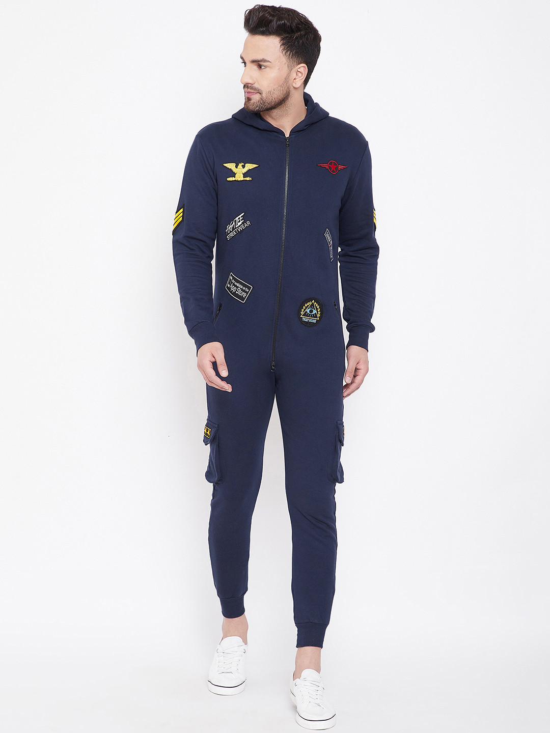 Buy FUGAZEE Men Navy Blue Self Design Basic Jumpsuit ...
